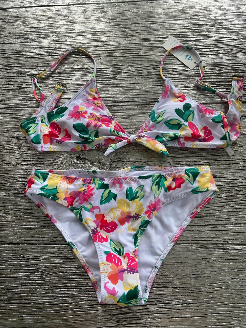 Floral Tie-Front Bikini Set - White with Pink, Yellow & Green